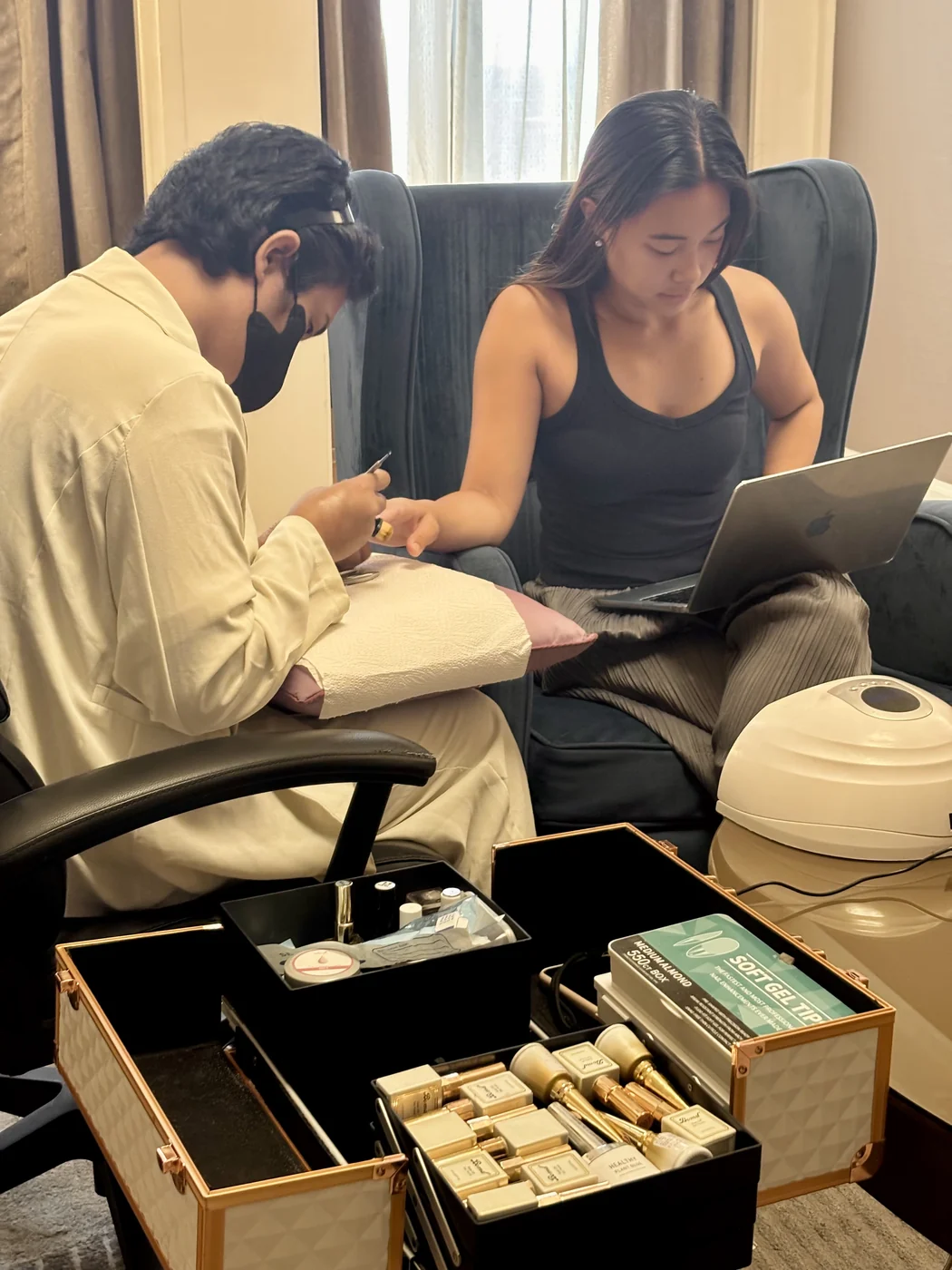 AyuriNails Beauty Lounge hotel nail service, nail artist working in a guest room in Makati